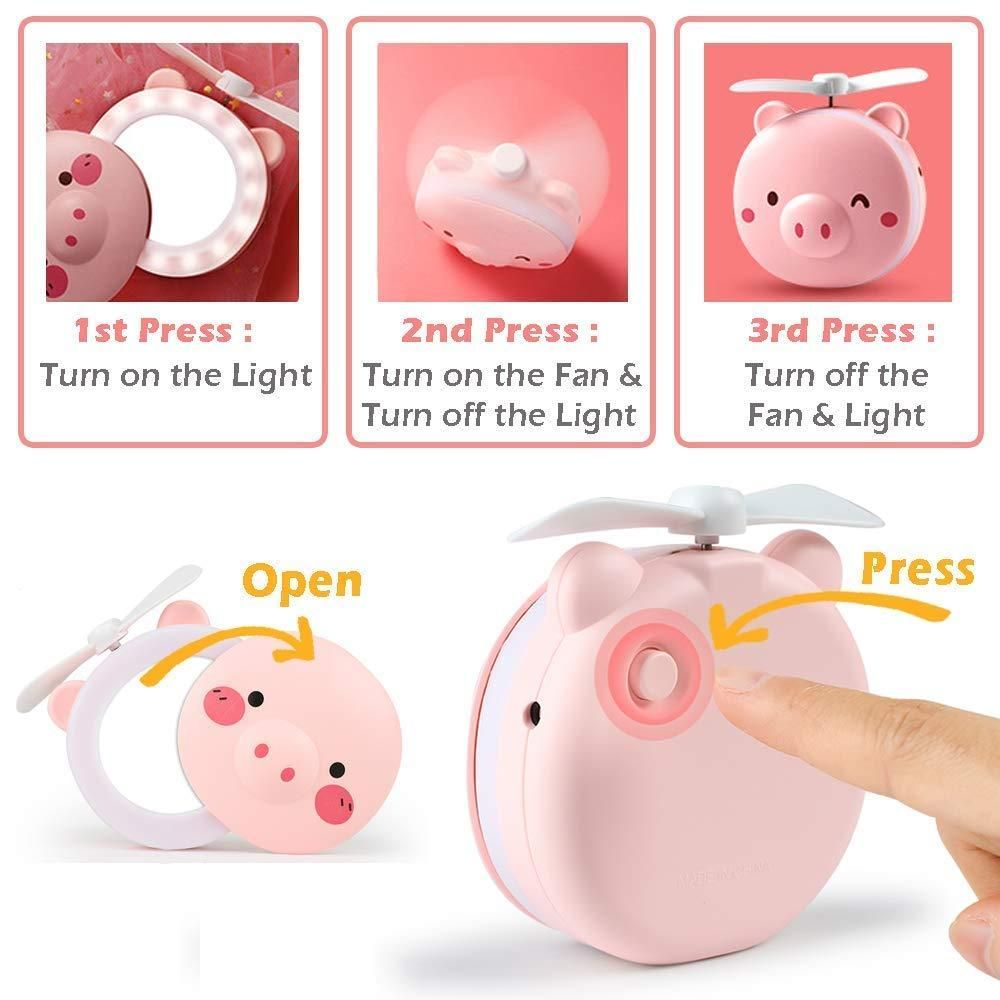 Cartoon Cute Pig LED Lights Mirror Pocket Fan